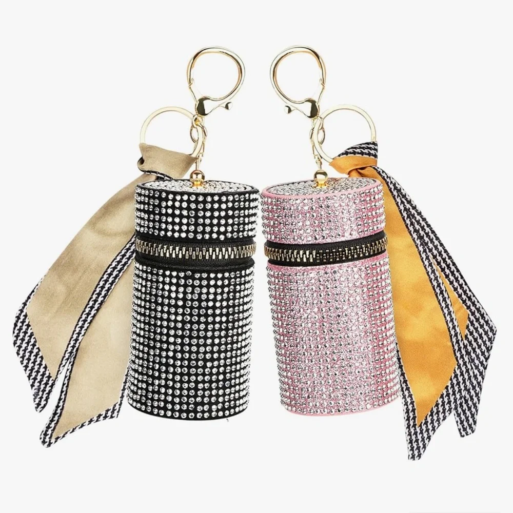 2 Pack Lipstick Case Keychain, Leather Diamond Lip Gloss Holder,